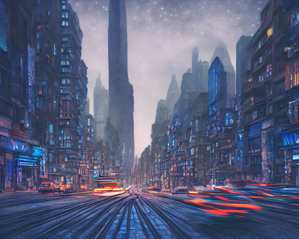 Futuristic twilight cityscape with skyscrapers, neon signs, and fast-moving vehicle lights.