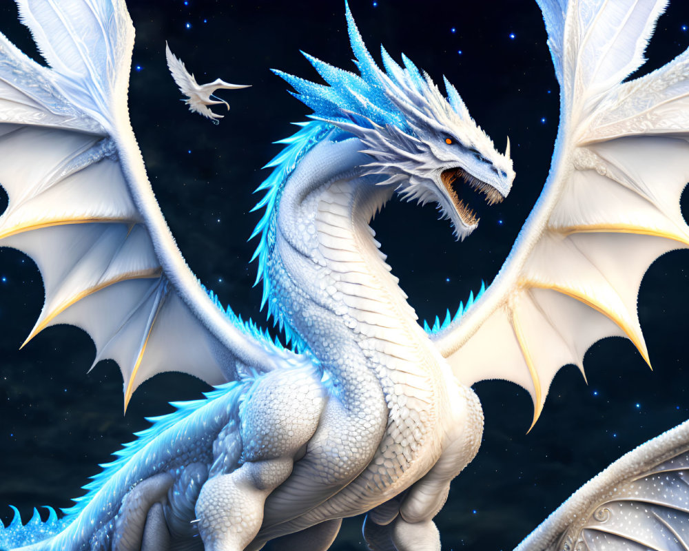 Blue and White Dragon with Large Wings and Spines in Starry Night Sky