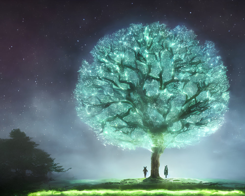Glowing tree and silhouetted figures under starry sky