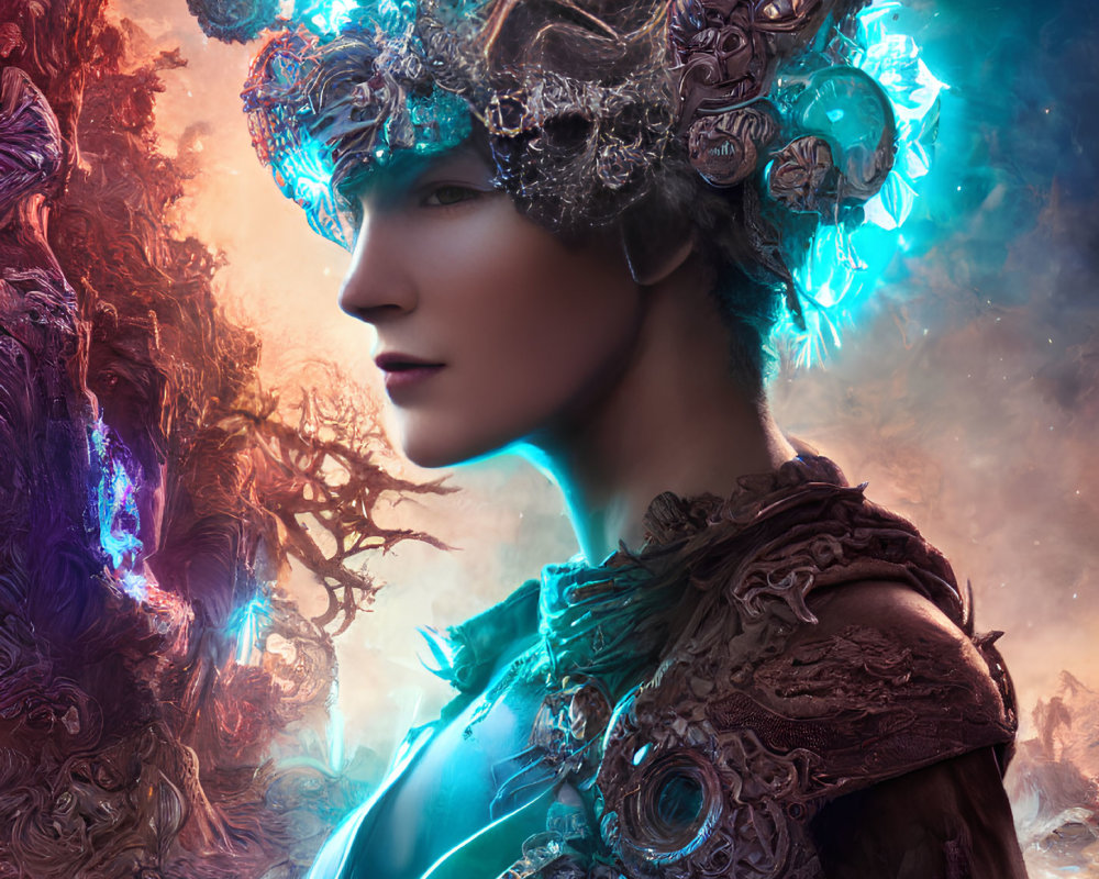 Profile view of person with intricate metallic headpiece and glowing blue light.