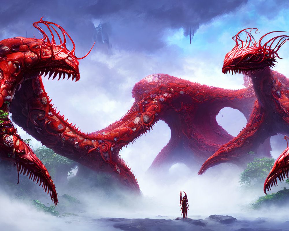 Person faces red creatures with multiple eyes in foggy landscape
