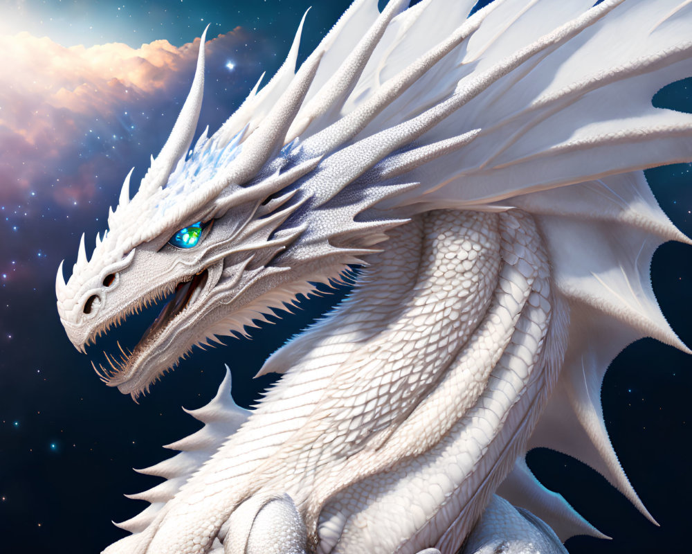 Detailed White Dragon with Blue Eyes and Sharp Spikes on Cloudy Starry Sky