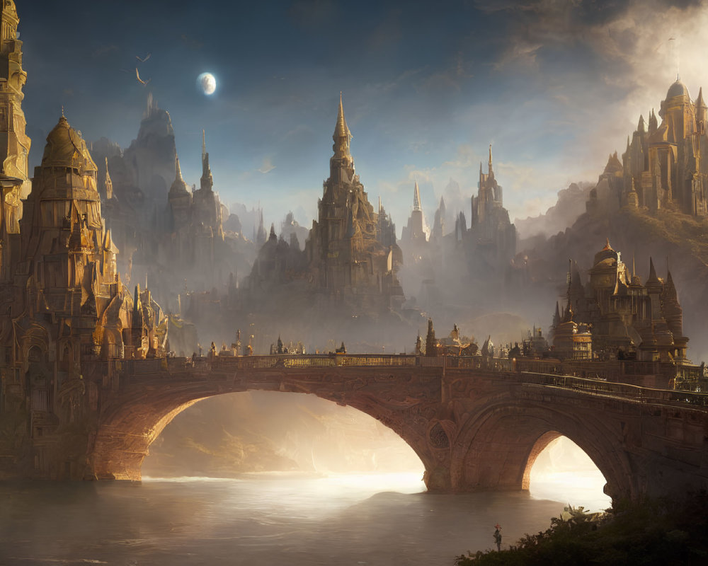 Majestic castles and stone bridge in fantasy landscape