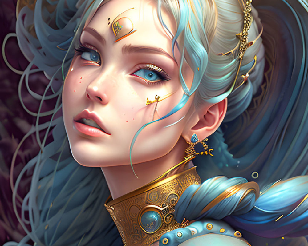 Regal fantasy character with blue hair, gold jewelry, and ethereal glow