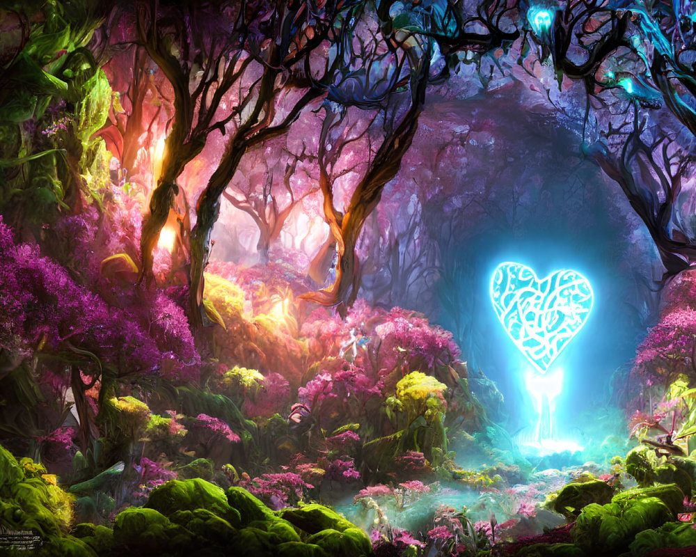 Fantasy forest with heart symbol, twisted trees, vivid flora & luminescent tunnel