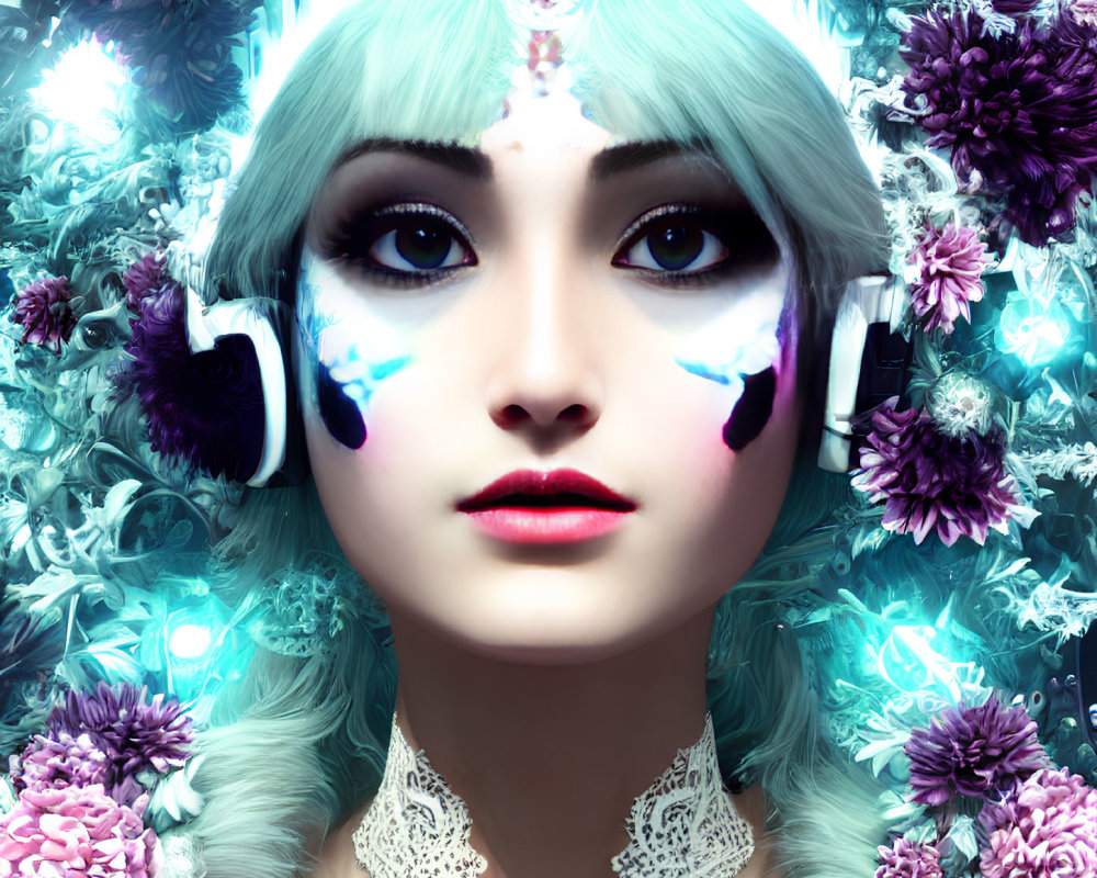 Surreal portrait of pale woman with white hair and headphones amid blue and purple flowers.
