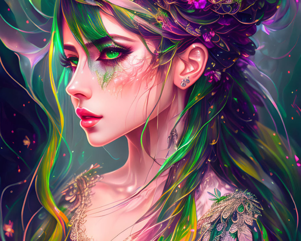 Illustrated fantasy woman with vibrant multicolored hair, feathers, flowers, green eye makeup, and