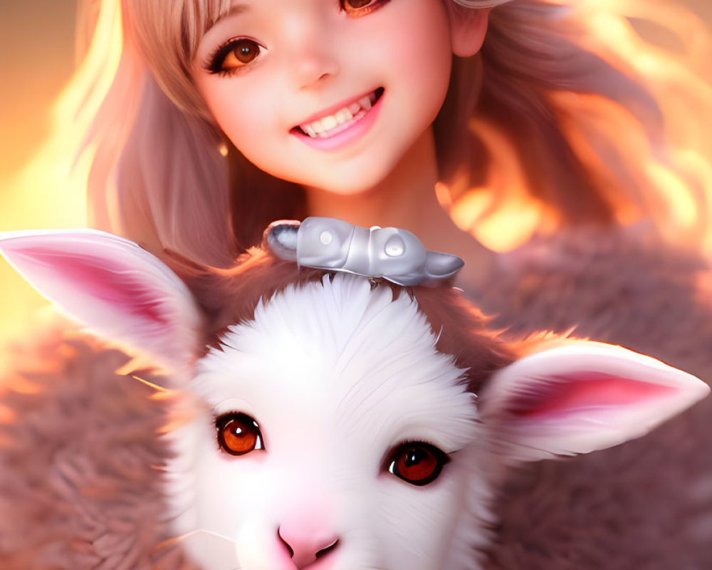 Digital Art: Smiling Girl with Grey Hair and Cute White Lamb Creature