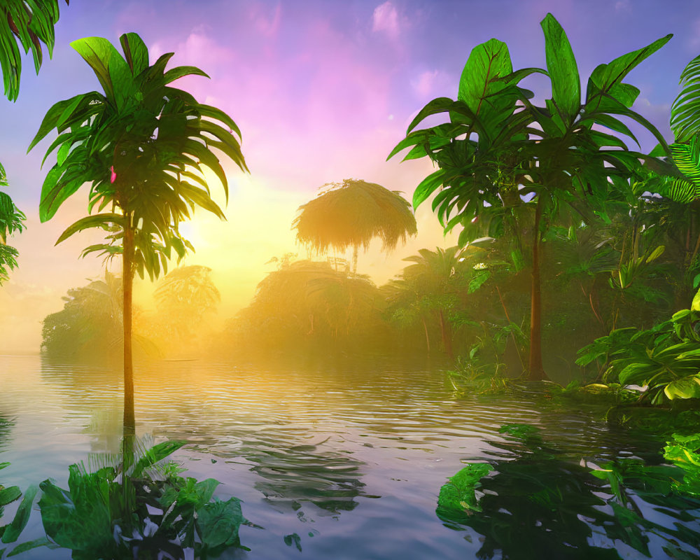 Tranquil tropical scene with lush greenery and palm trees