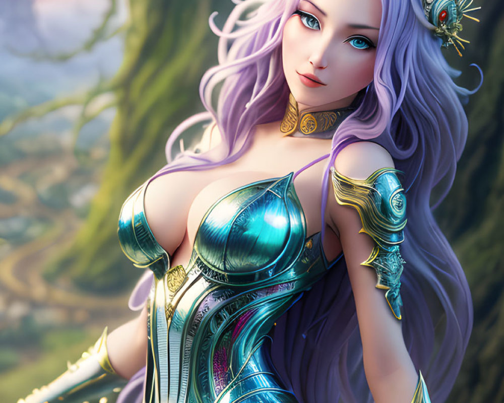 Fantasy illustration of female elf with purple hair and ornate armor in forest.