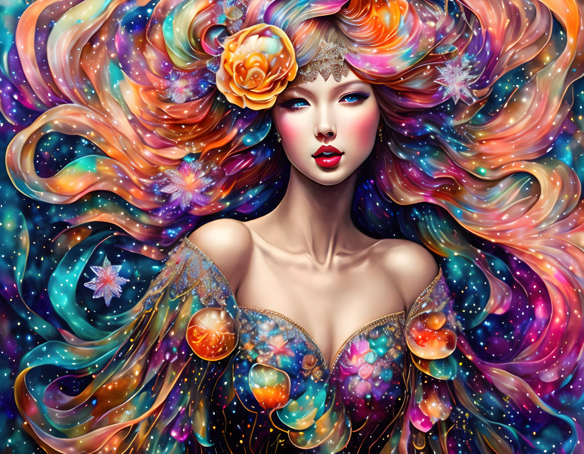 Vibrant fantasy artwork of a woman with cosmic hair and celestial motifs
