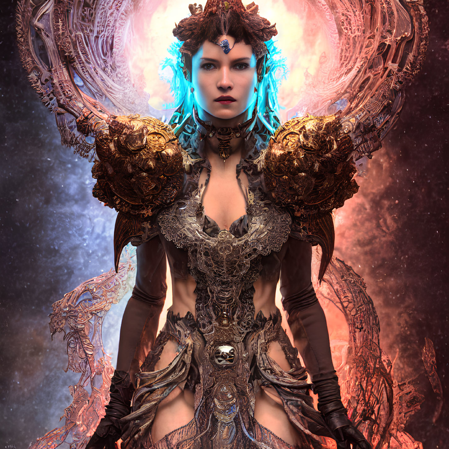 Woman in Gold and Silver Armor with Glowing Orb in Cosmic Setting