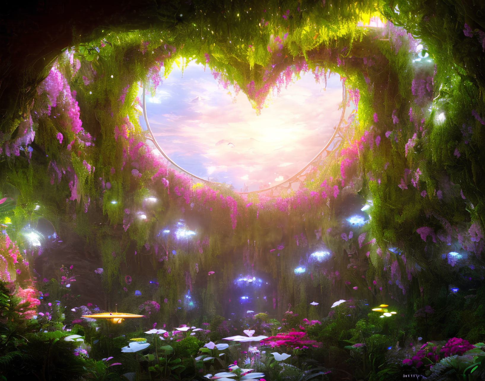 Enchanting forest glade with luminous flowers and heart-shaped opening