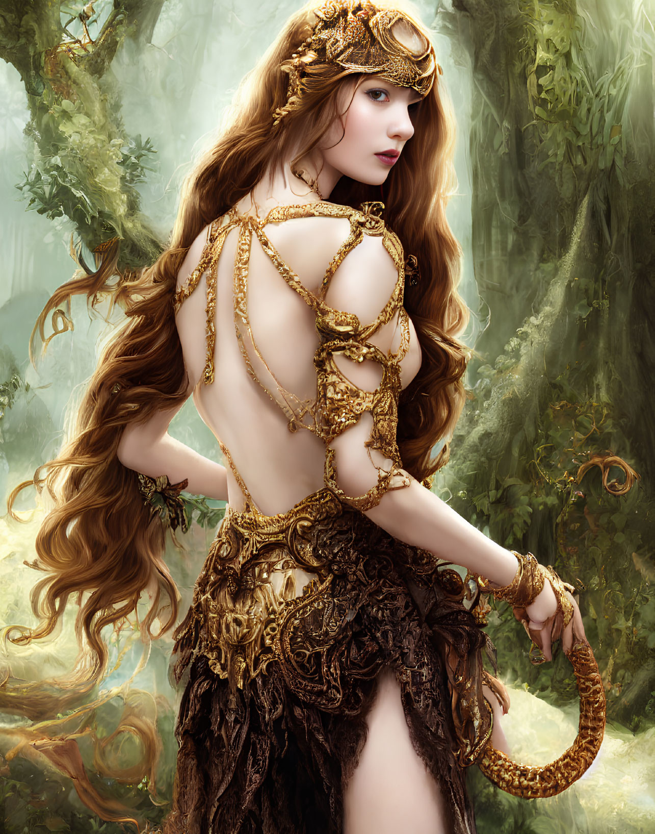 Fantasy woman with long hair, golden jewelry, brown outfit, and snake in forest