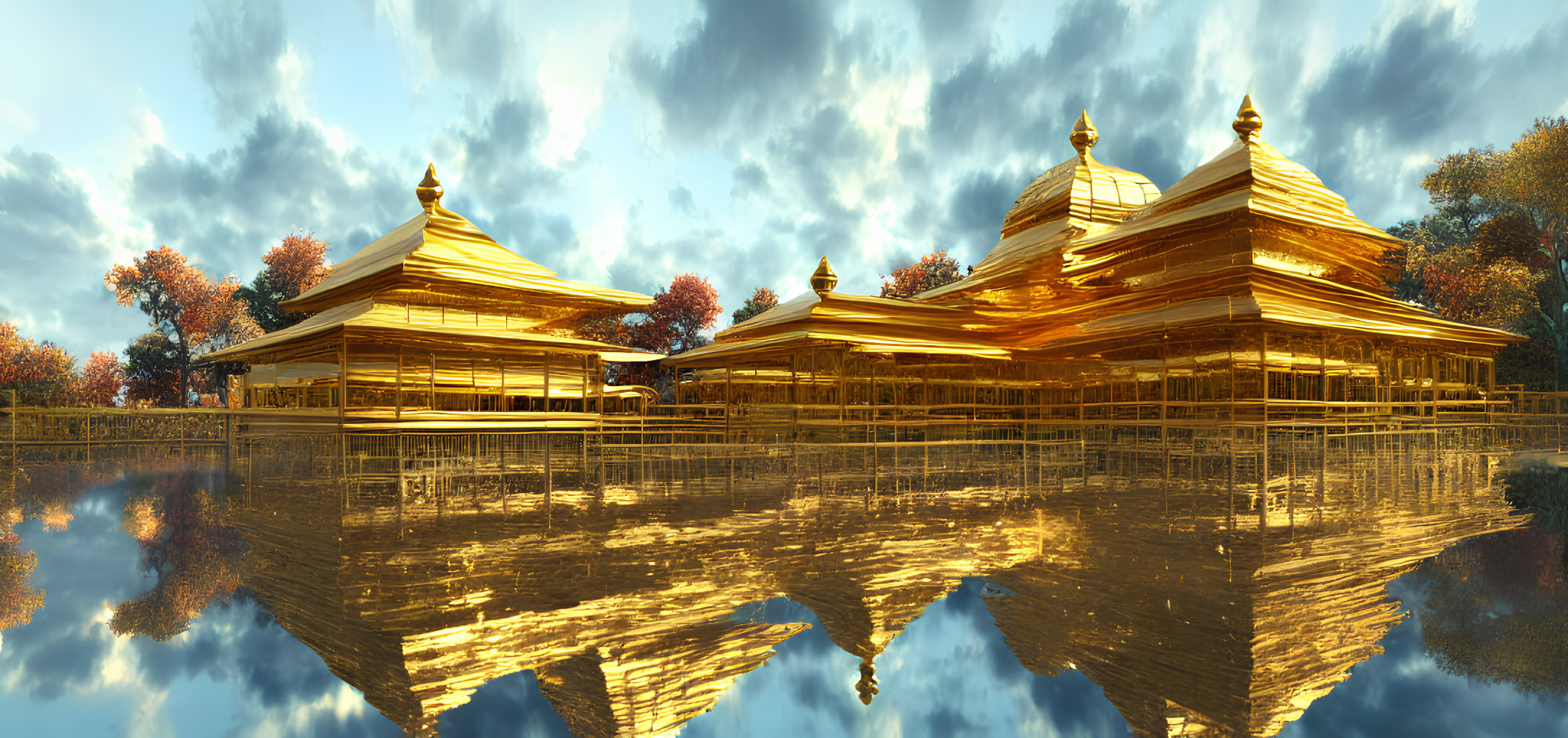 Golden Pagodas Reflecting in Serene Water with Autumn Foliage