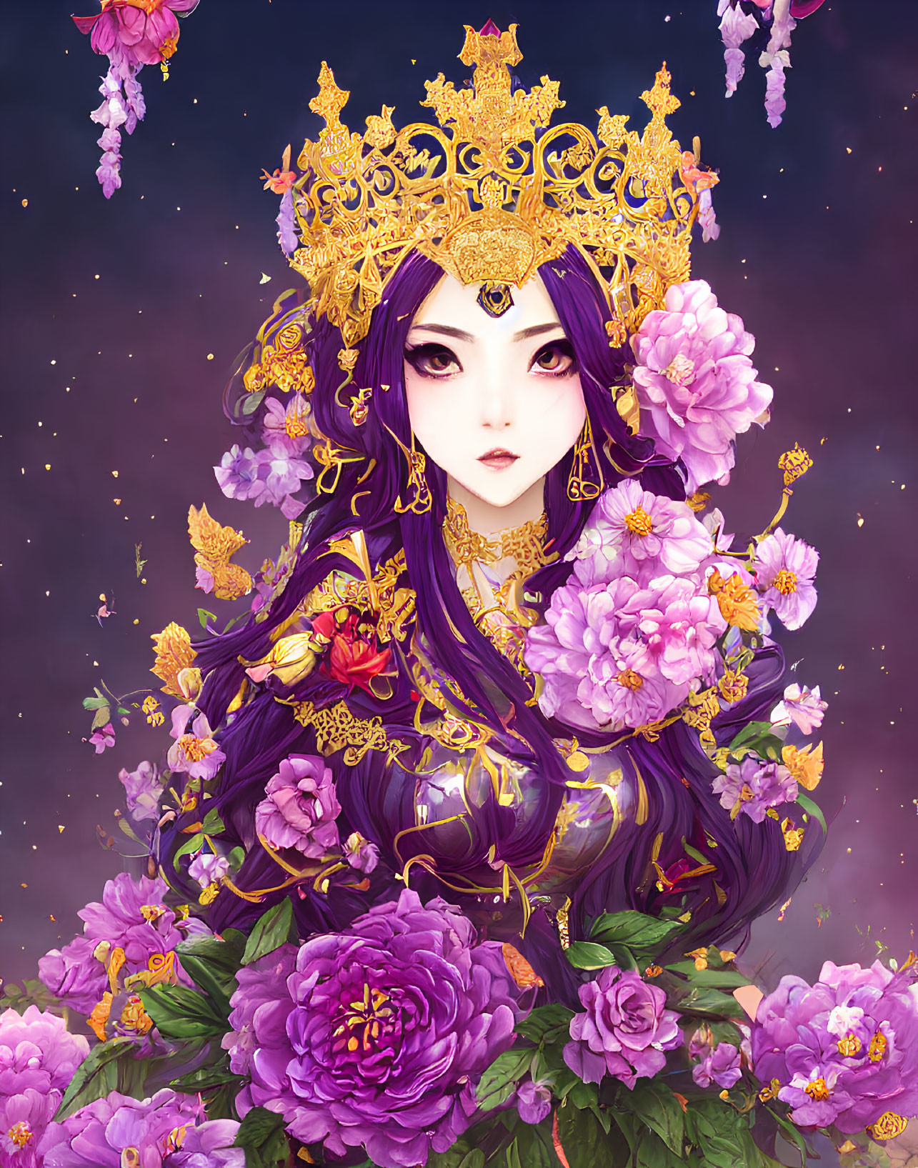 Regal woman with purple hair, golden crown, surrounded by flowers and butterflies on starry background