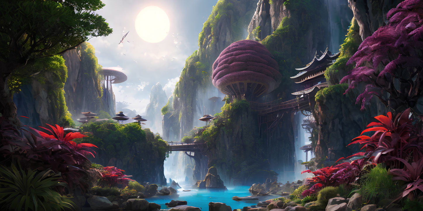 Mystical landscape with towering rocks, purple foliage, bridges, and floating vehicles