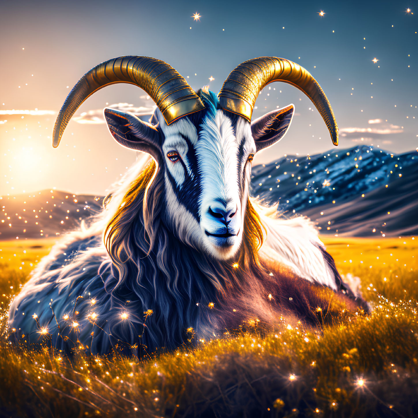 Majestic two-headed goat with golden horns in sunlit field