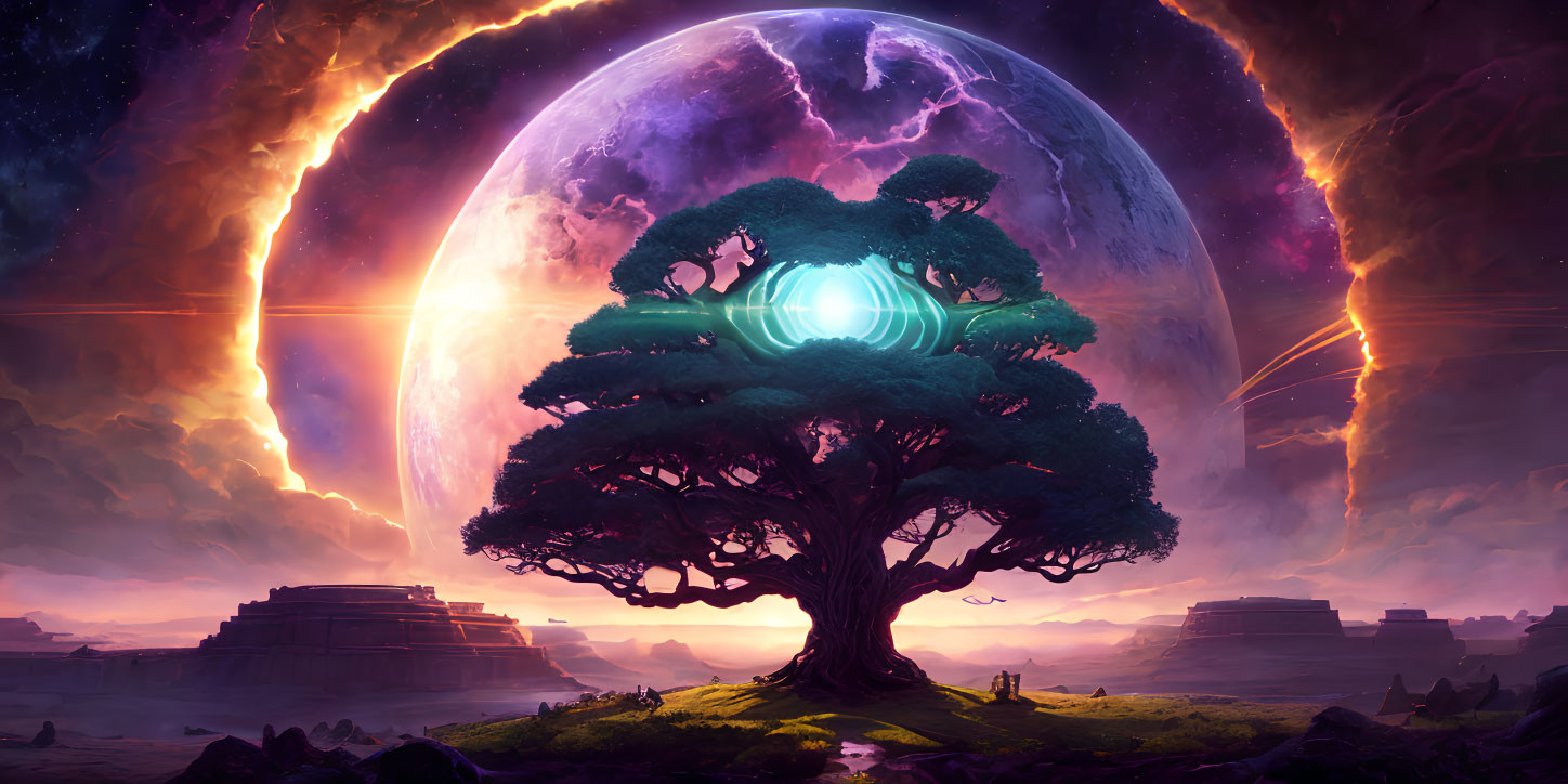 Majestic tree with glowing core against planet in sunset sky