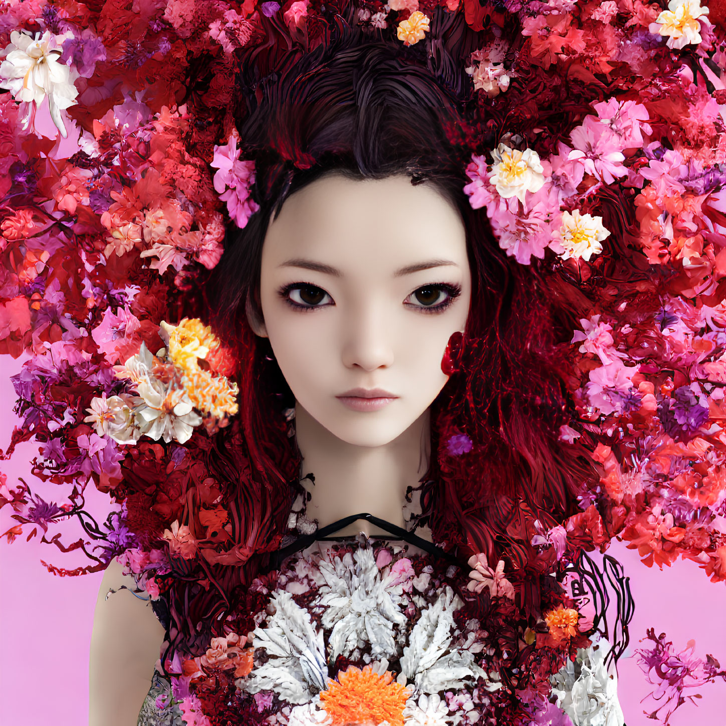 Vibrant red and pink flower headdress on person in digital art
