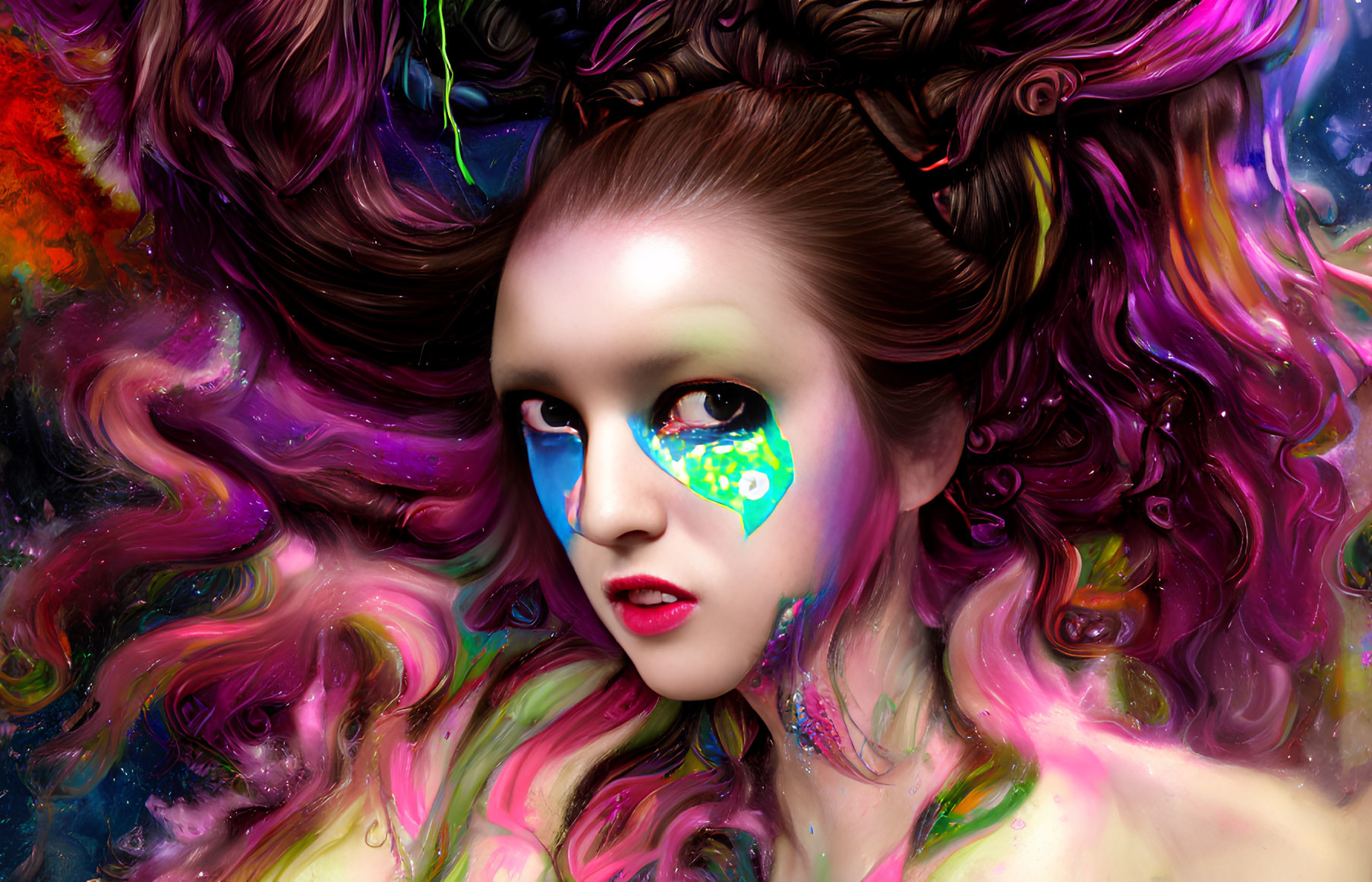 Colorful artwork of a woman with swirling hair and makeup in blue and green tones