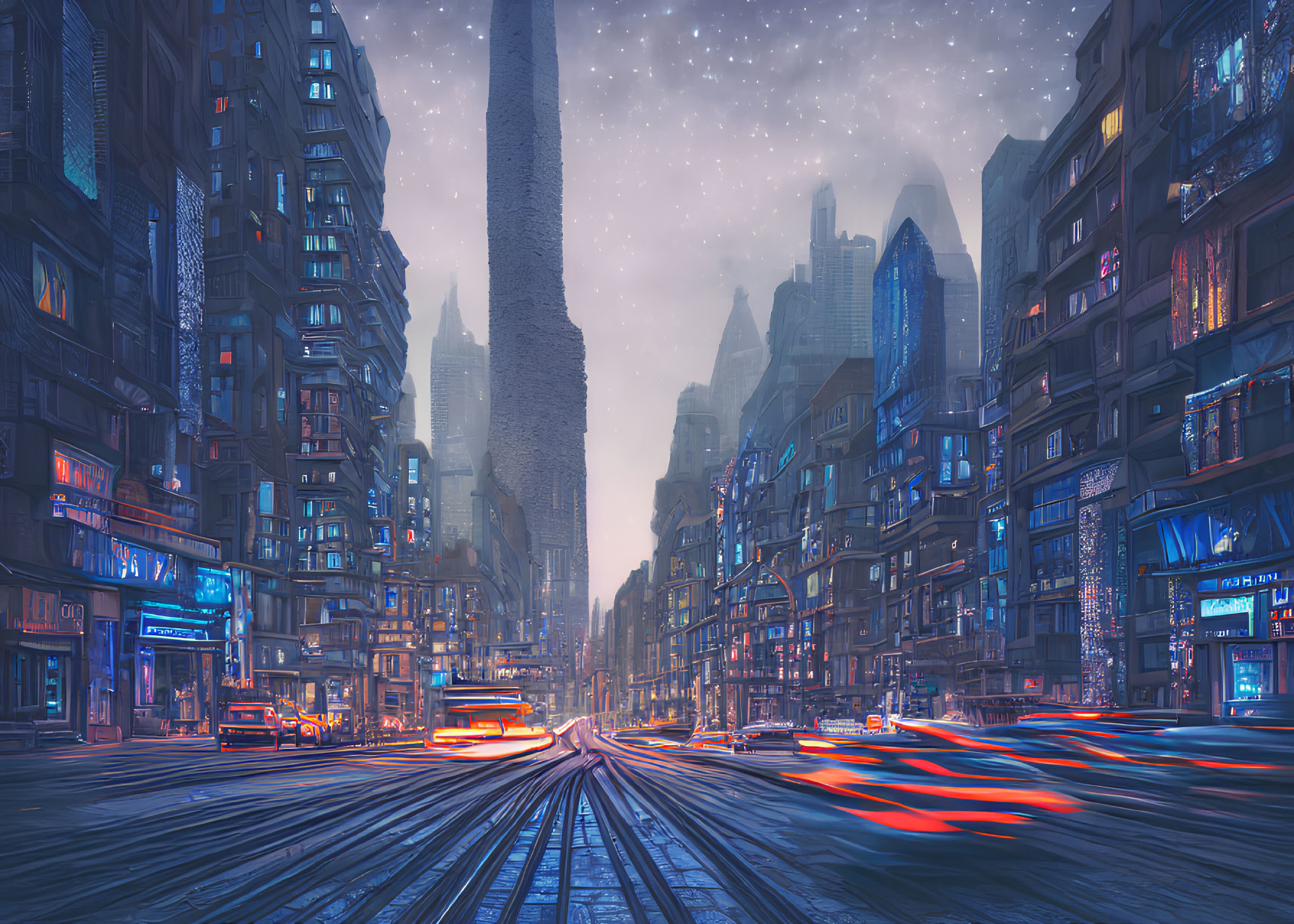 Futuristic twilight cityscape with skyscrapers, neon signs, and fast-moving vehicle lights.