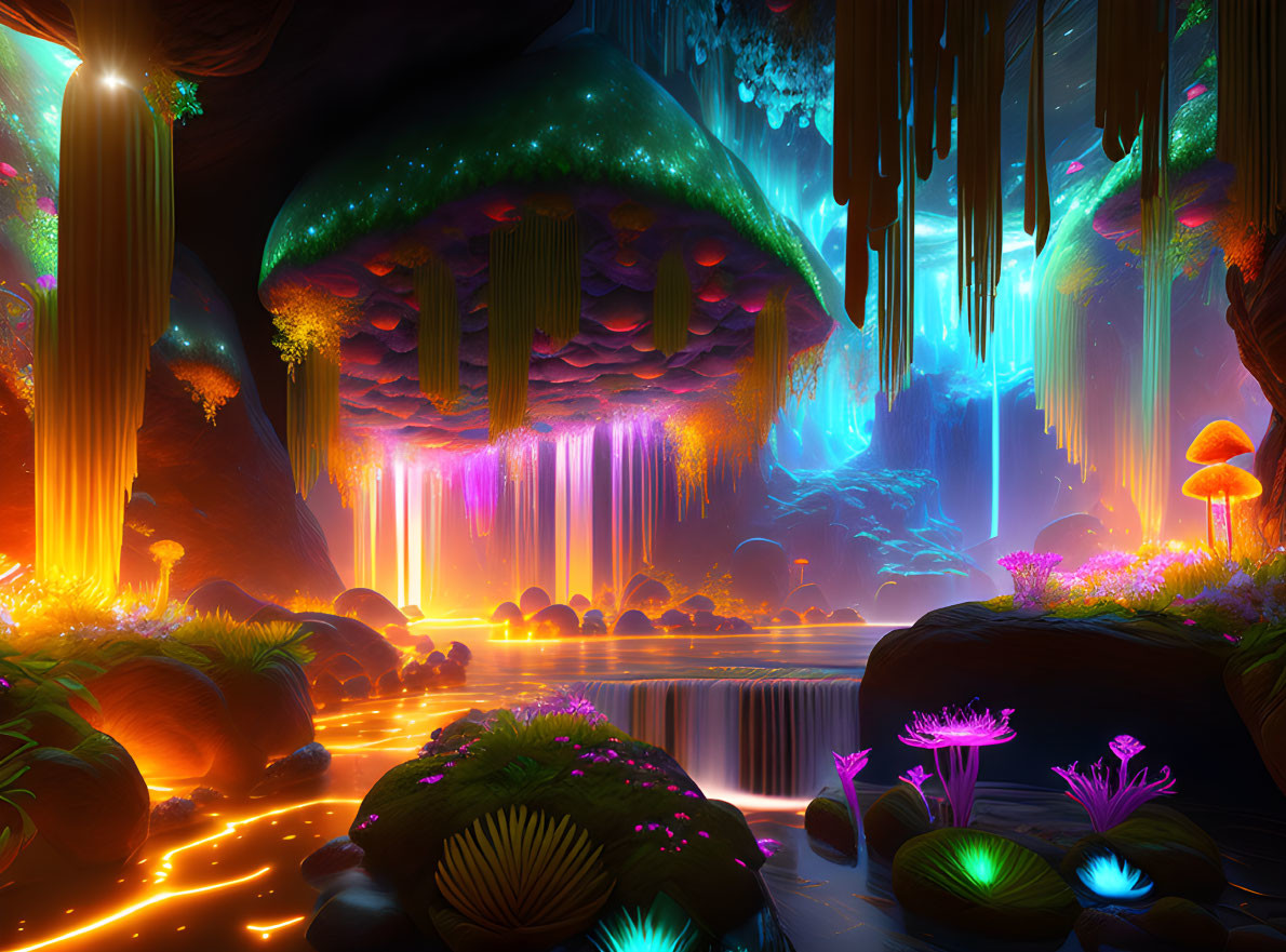 Fantasy cave with luminescent plants, lava stream, glowing waterfalls, and colorful stalact