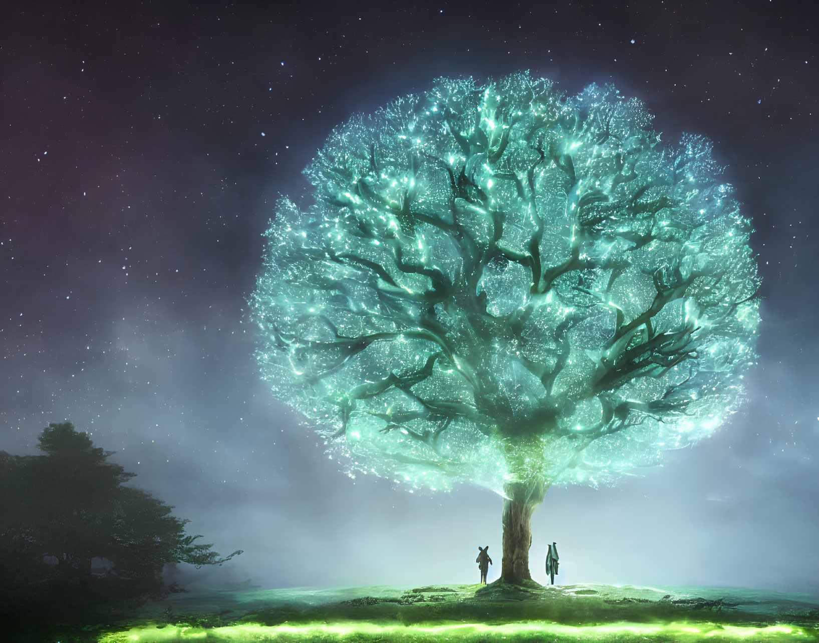 Glowing tree and silhouetted figures under starry sky
