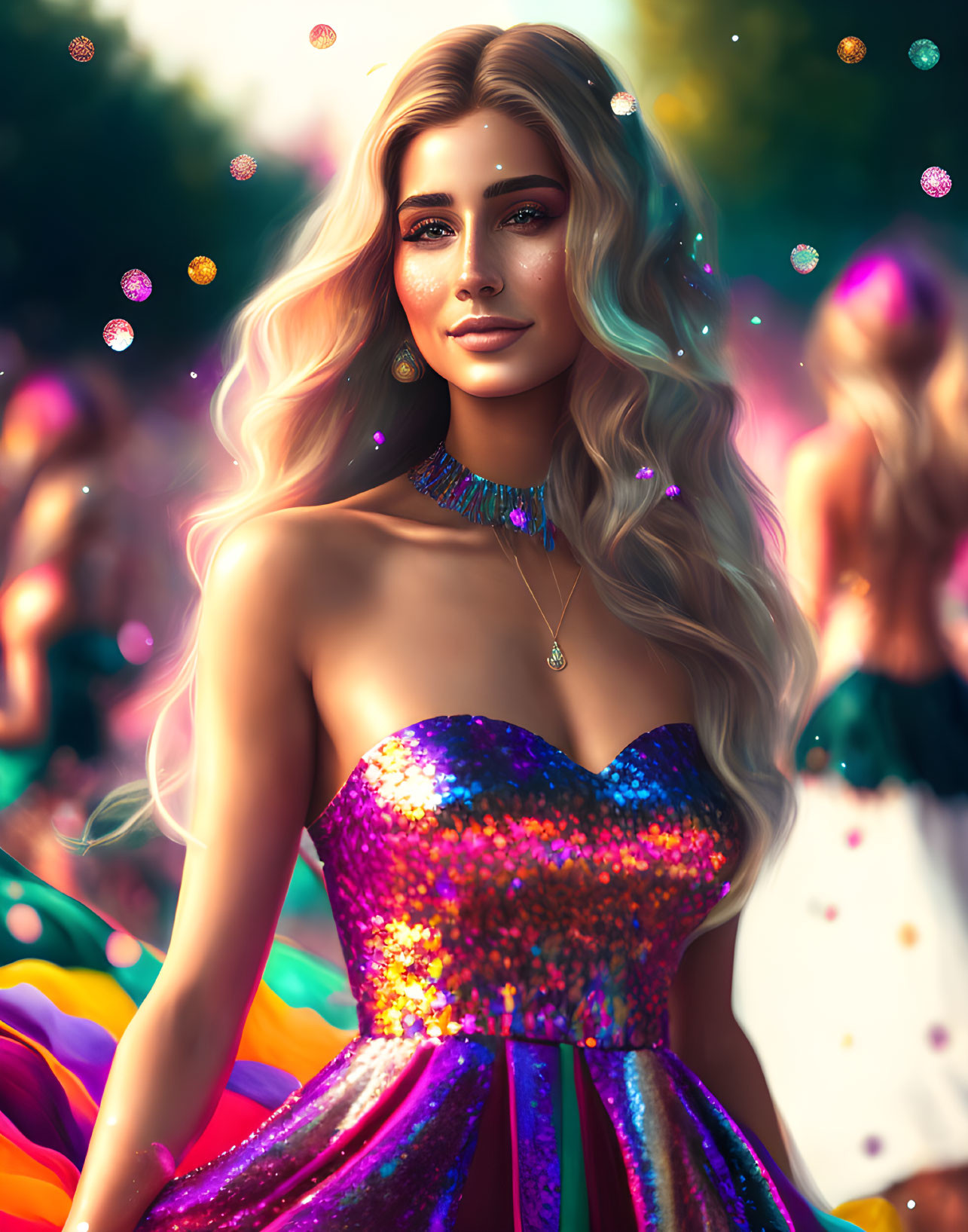Blonde woman in purple dress with colorful necklace in festive setting