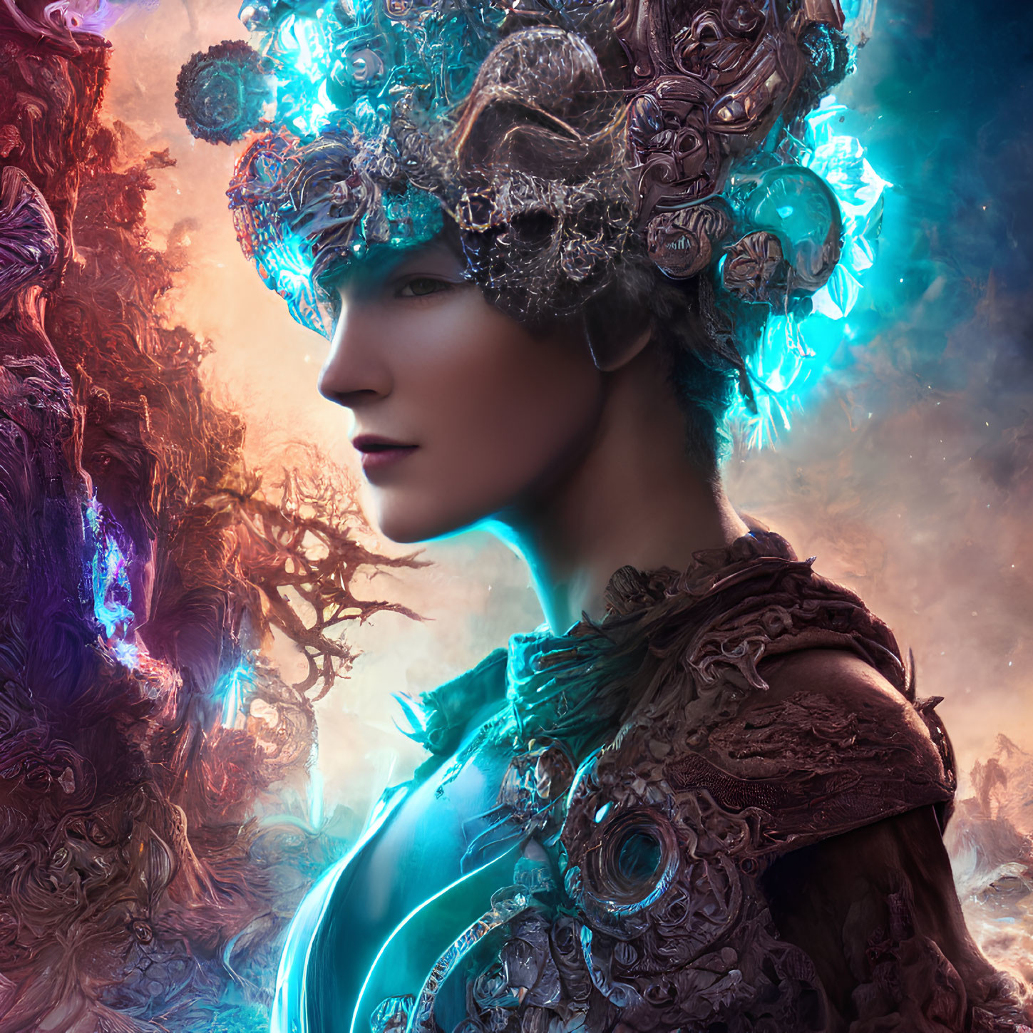 Profile view of person with intricate metallic headpiece and glowing blue light.