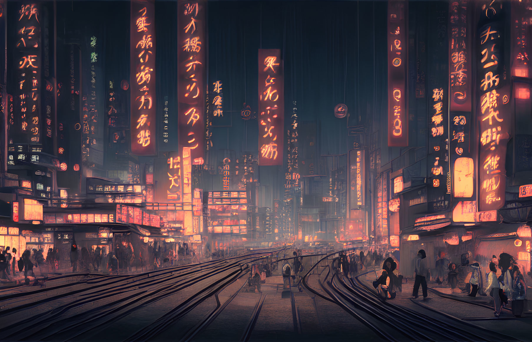 Futuristic cyberpunk cityscape at night with neon signs, train tracks, and silhouettes