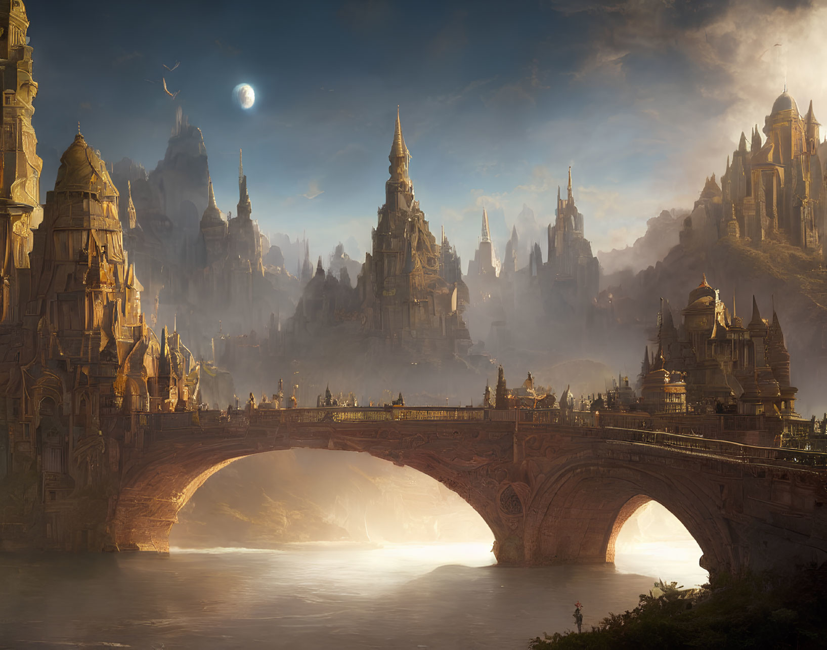 Majestic castles and stone bridge in fantasy landscape