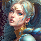 Regal fantasy character with blue hair, gold jewelry, and ethereal glow