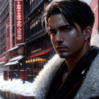 Dark-haired man in fur-collared jacket on snowy city street