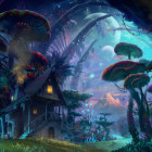 Enchanting Twilight Forest with Oversized Mushrooms and Ethereal Lights