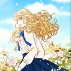Fantasy character with blond hair in floral setting against clocks and roses