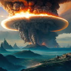 Futuristic landscape with massive fiery explosion