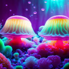 Colorful Bioluminescent Mushrooms & Glowing Jellyfish in Underwater Scene