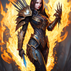 Digital artwork: Woman in black armor with spikes, surrounded by flames