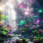 Mystical Forest with Waterfall, Greenery, and Sparkling Light