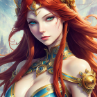 Fantasy female character with red hair, green eyes, gold armor, and cat ear headpiece.