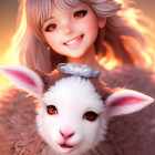 Digital Art: Smiling Girl with Grey Hair and Cute White Lamb Creature