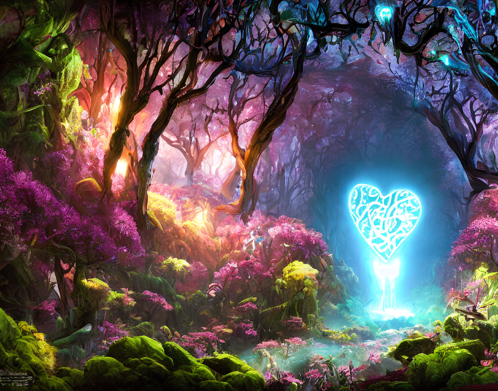 Fantasy forest with heart symbol, twisted trees, vivid flora & luminescent tunnel