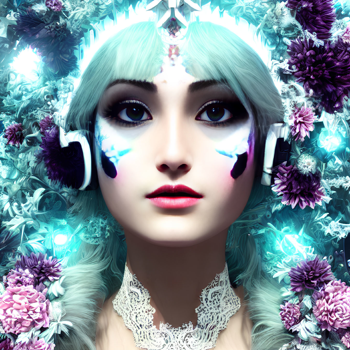Surreal portrait of pale woman with white hair and headphones amid blue and purple flowers.