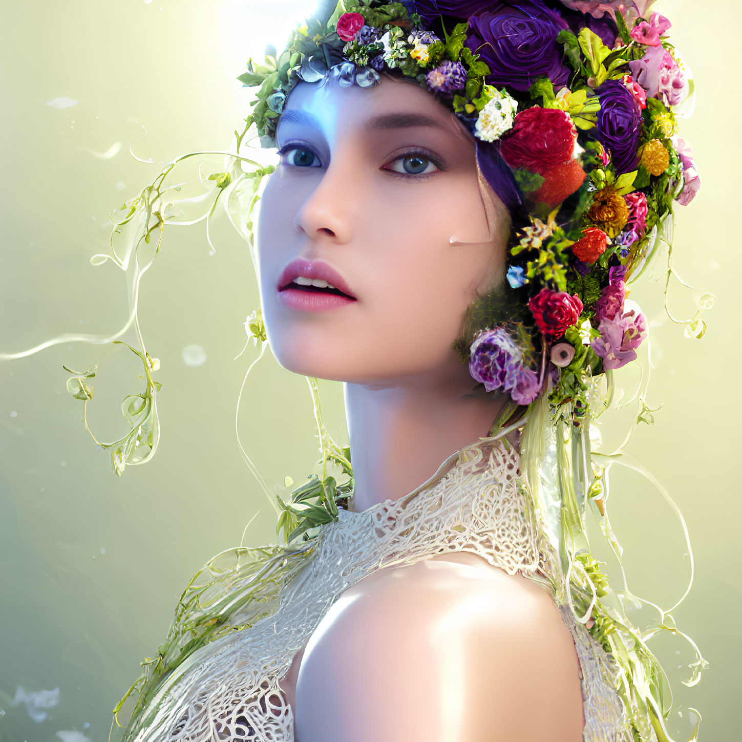 Woman with Floral Headdress and Vine-Like Adornments on Glowing Background