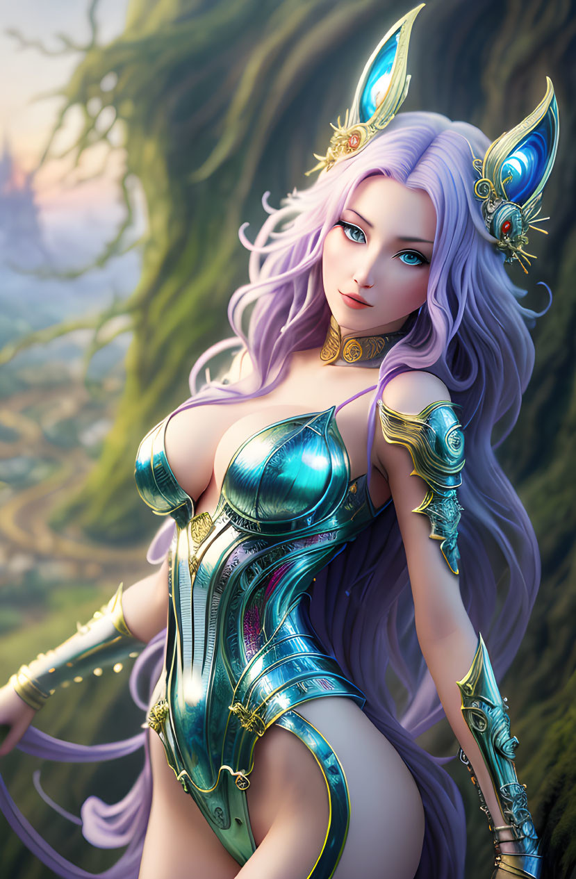 Fantasy illustration of female elf with purple hair and ornate armor in forest.