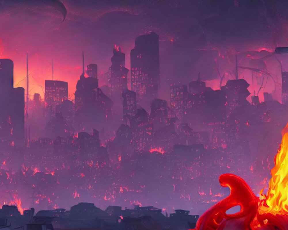 Dystopian cityscape with flames, crimson sky, and fiery entity