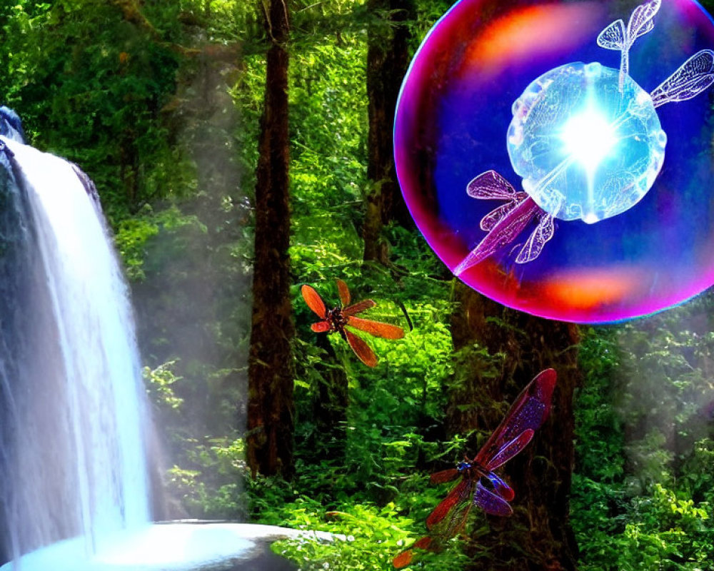Fantasy forest scene with waterfall, dragonflies, and glowing orb