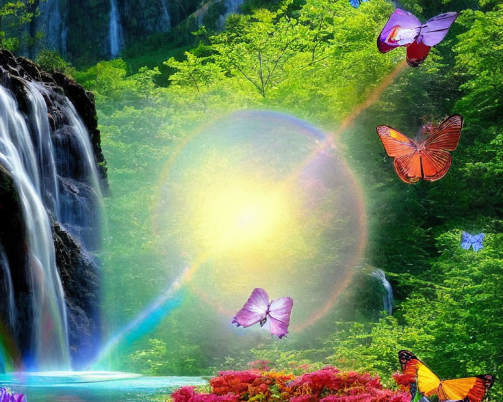Colorful butterflies and radiant sun over lush waterfall scene