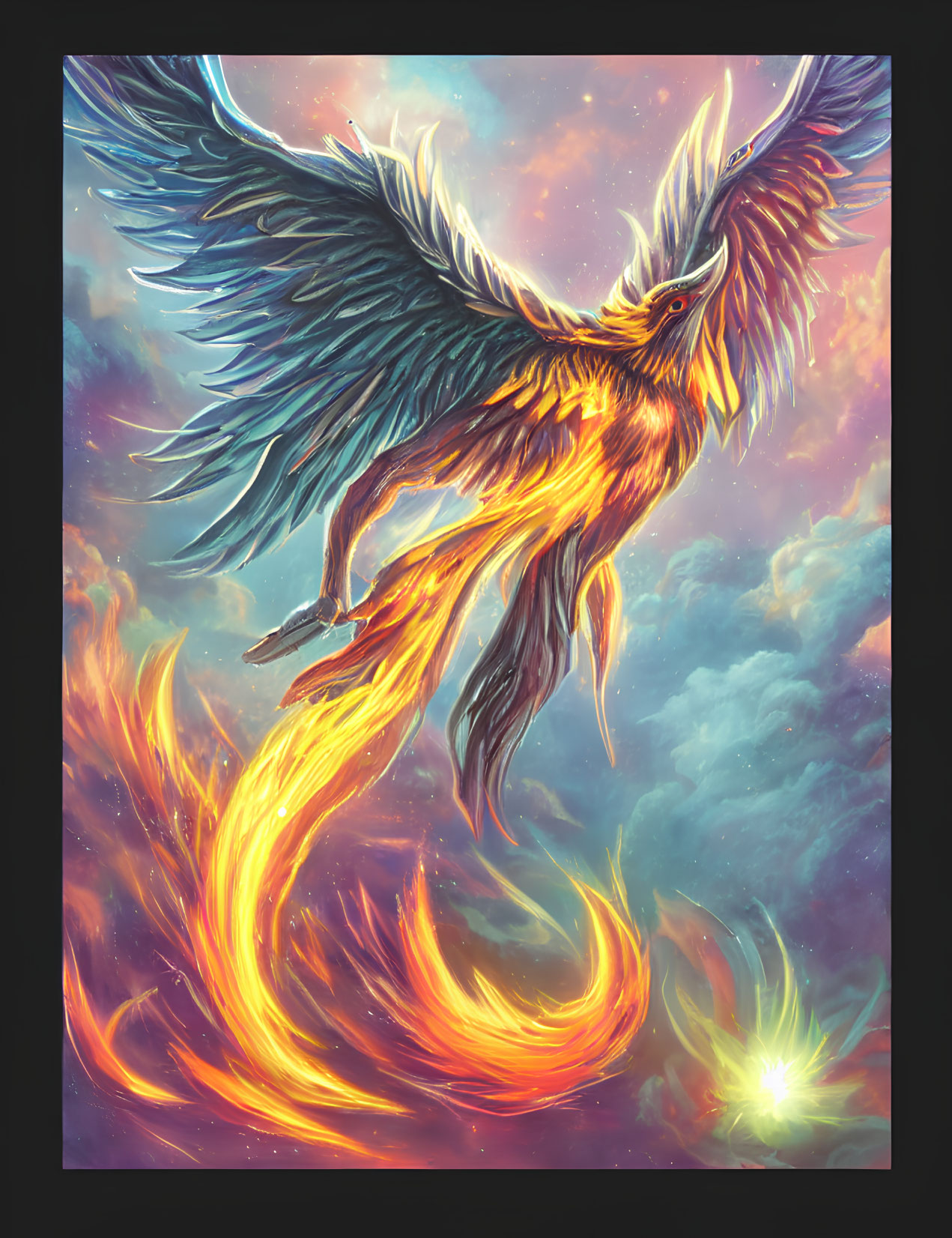Colorful Phoenix Flying in Dramatic Sky with Fiery Wings
